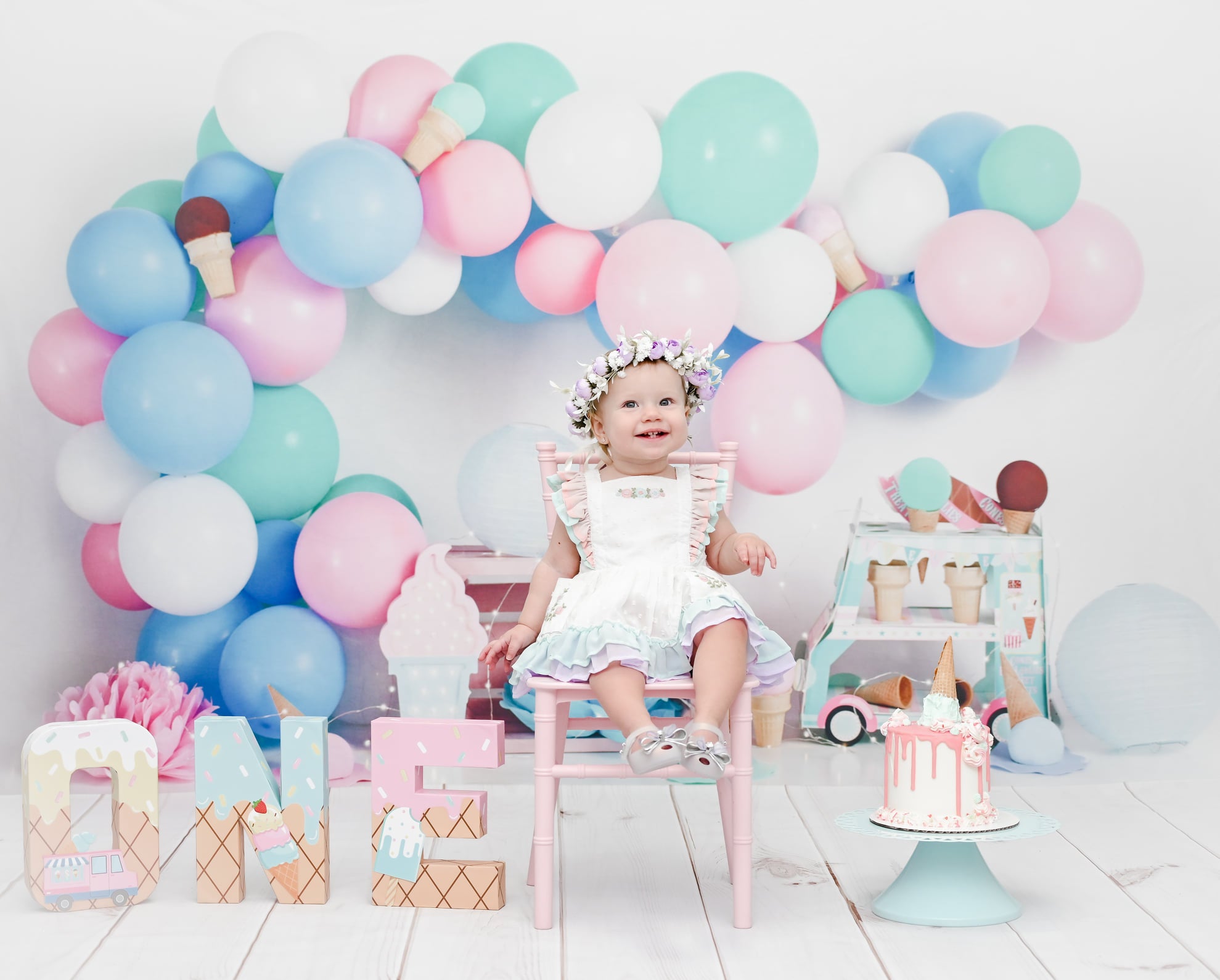 Kate Anniversaire Ballons Crème glacée Enfants Toile de fond conçue par Megan Leigh - Kate Backdrop FR