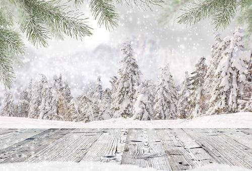 Katebackdrop£ºKate Christmas White Snow Trees with Wooden Floor Backdrop for Photography