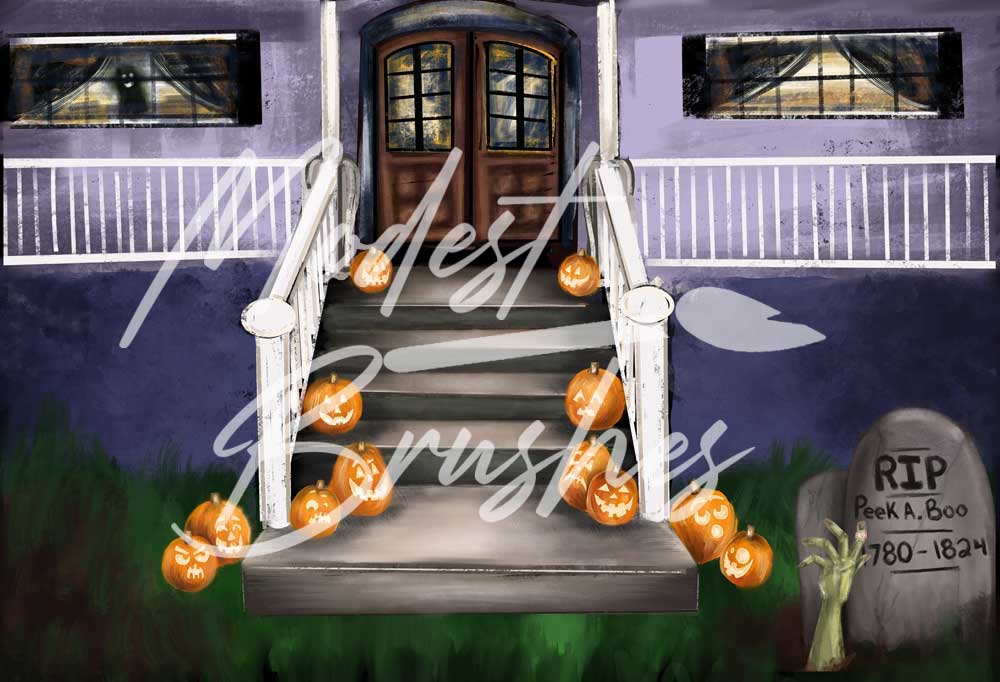 Kate Des bonbons ou un sort au porche d'Halloween Toile de fond pour la photographie conçue par Modest Brushes