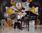 Kate 1er Anniversaire Ballons Noir Blanc Toile de fond conçue par Mandy Ringe - Kate Backdrop FR