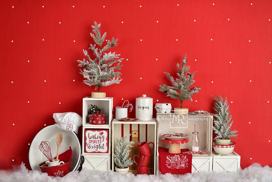 Kate Fête Noël Rouge Arbres Neige Toile de fond conçue par Mandy Ringe - Kate Backdrop FR
