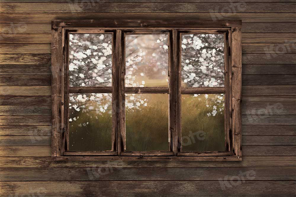 Kate Fleur de poirier Fenêtre Mur en bois Printemps Toile de fond pour la photographie