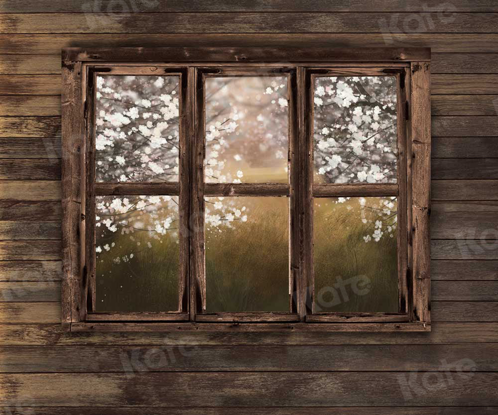 Kate Fleur de poirier Fenêtre Mur en bois Printemps Toile de fond pour la photographie