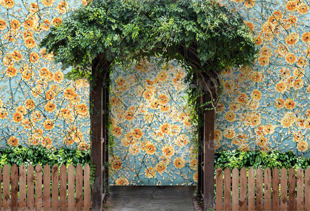 Kate Toile de fond de porte de vigne de mur de fleurs jaunes d'été pour la photographie