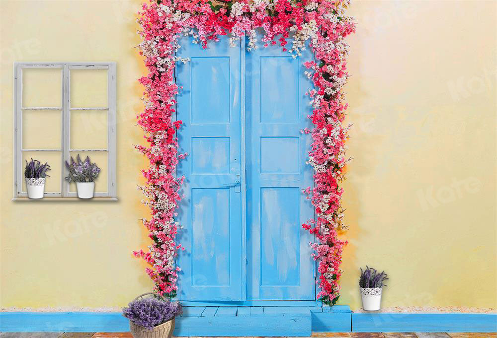 Kate Porte en bois Bleu Mur Jaune Roses Studio Toile de fond pour la photographe