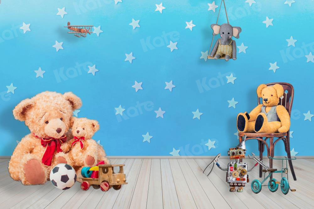 Kate toile de fond Mur bleu avec des étoiles Peluche ours Jouets pour le studio du photographe