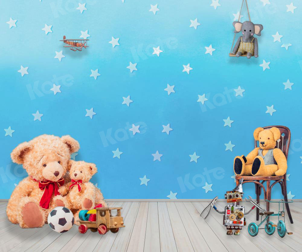 Kate toile de fond Mur bleu avec des étoiles Peluche ours Jouets pour le studio du photographe