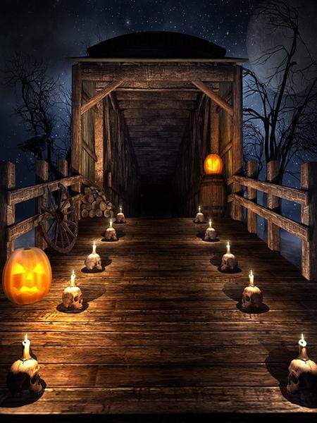 Kate Halloween Haunted House Backdrop bridge pumpkin - Katebackdrop