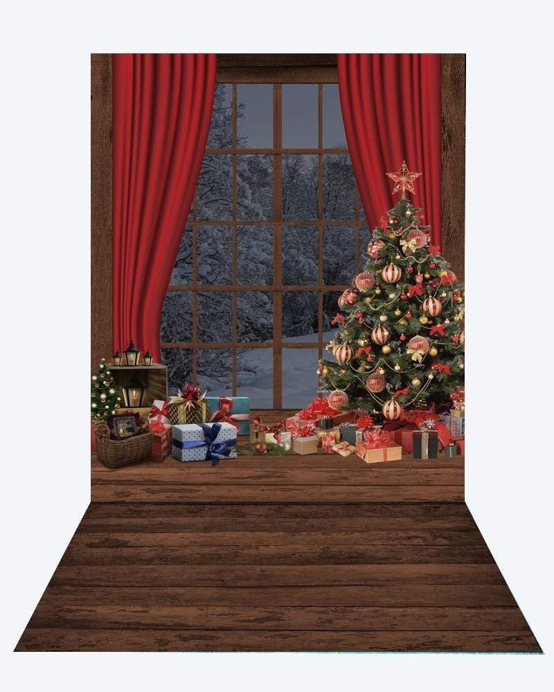 Katebackdrop隆锚oKate Christmas Window Tree Photography +Brown wood floor mat