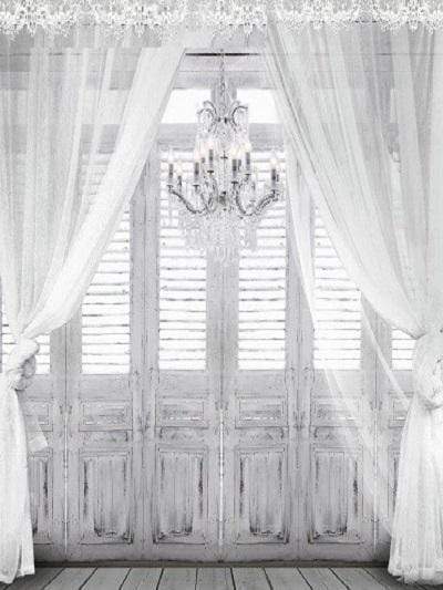 Katebackdrop£ºKate windows with white sheer curtains chandelier Backdrop