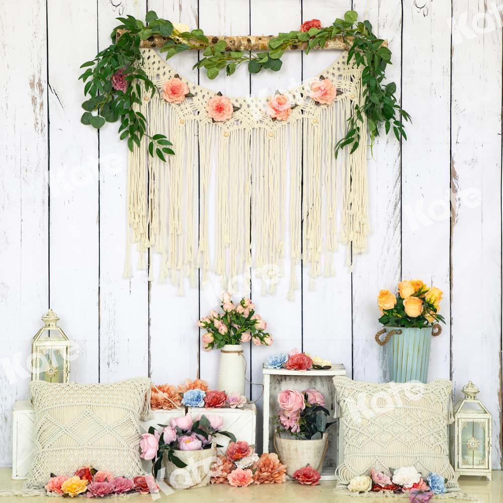Kate Bohème Fleurs Planche en bois Blanc Toile de fond conçue par Emetselch - Kate Backdrop FR
