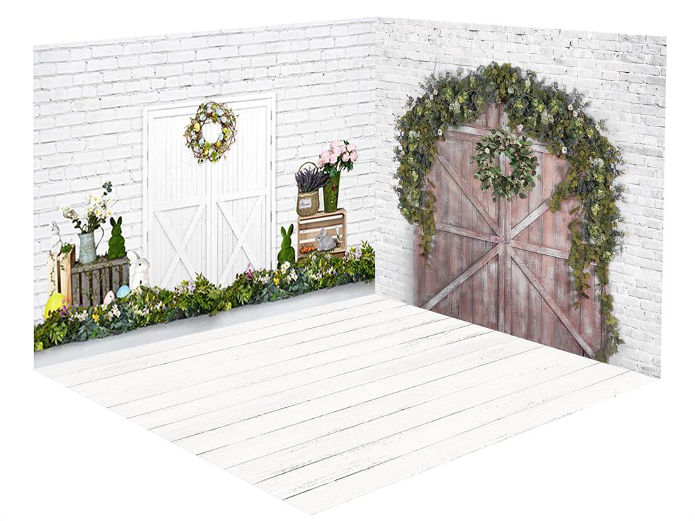 Kate Plantes vertes Mur de briques Blanc Pâques Ensemble de chambre (8ftx8ft&10ftx8ft&8ftx10ft)