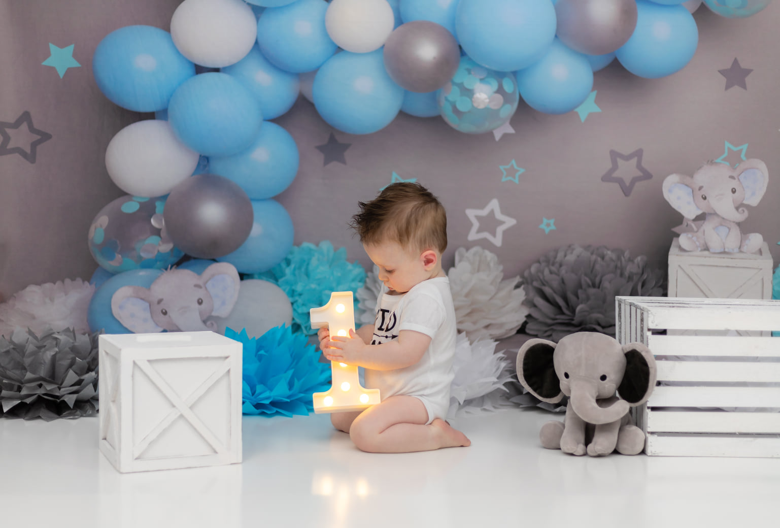 Kate Mur gris Éléphant Cake smash Ballon Bleu Toile de fond conçu par Melissa King - Kate Backdrop FR