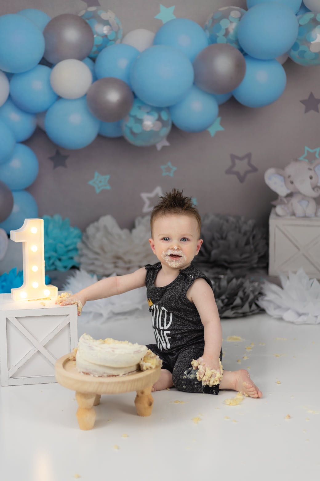 Kate Mur gris Éléphant Cake smash Ballon Bleu Toile de fond conçu par Melissa King - Kate Backdrop FR