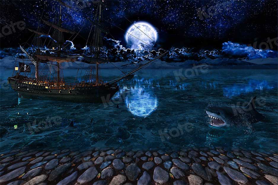 Kate Magique Lune Nuit Toile de Fond Requin Bateau Pierre pour la photographie