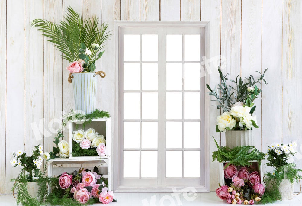 Kate Fleurs Printemps Fenêtre Blanc Bois Toile de fond conçue par Emetselch