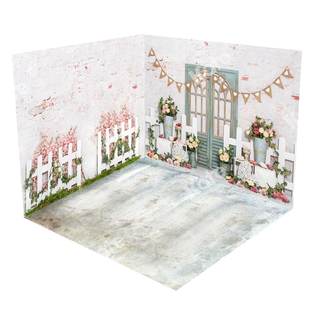Kate Porte Bois Clôture Fleur Roses Ressort Ensemble de chambre (8pix8pi&10pix8pi&8pix10pi) - Kate Backdrop FR
