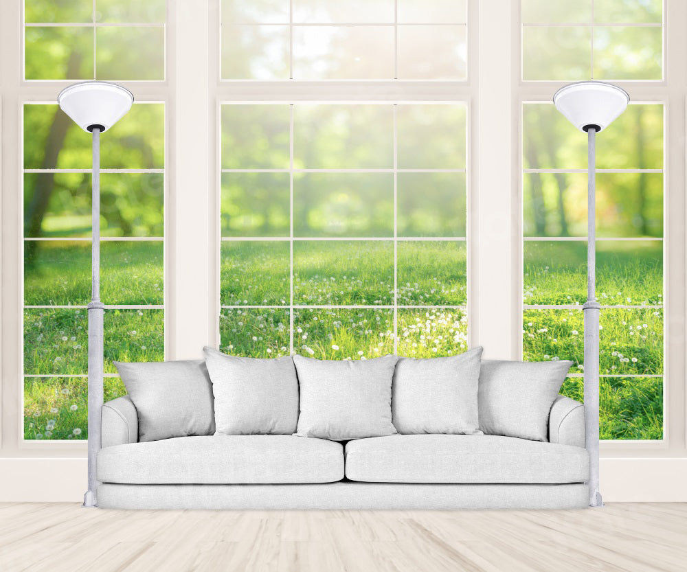 Kate printemps canapé intérieur toile de fond fenêtre plantes vertes pour la photographie