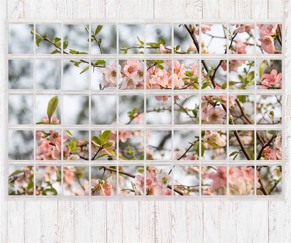 Kate Toile de fond de fenêtre printanière Fleurs Grain de bois blanc Conçu par Emetselch