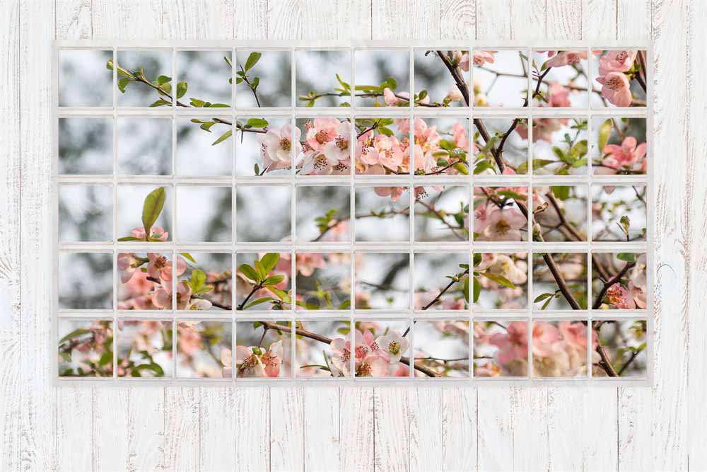 Kate Toile de fond de fenêtre printanière Fleurs Grain de bois blanc Conçu par Emetselch