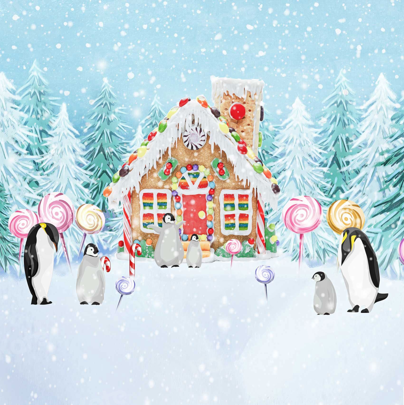 Kate Candy House Toile de fond maison de bonbons vue sur la neige chambre pingouin pour la photographie