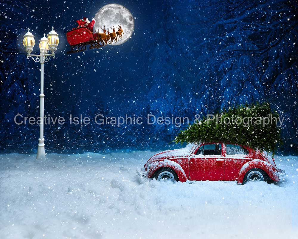 Kate Voiture Noël Neige Hiver Lampadaire Toile de fond conçue par Chrissie Green - Kate Backdrop FR
