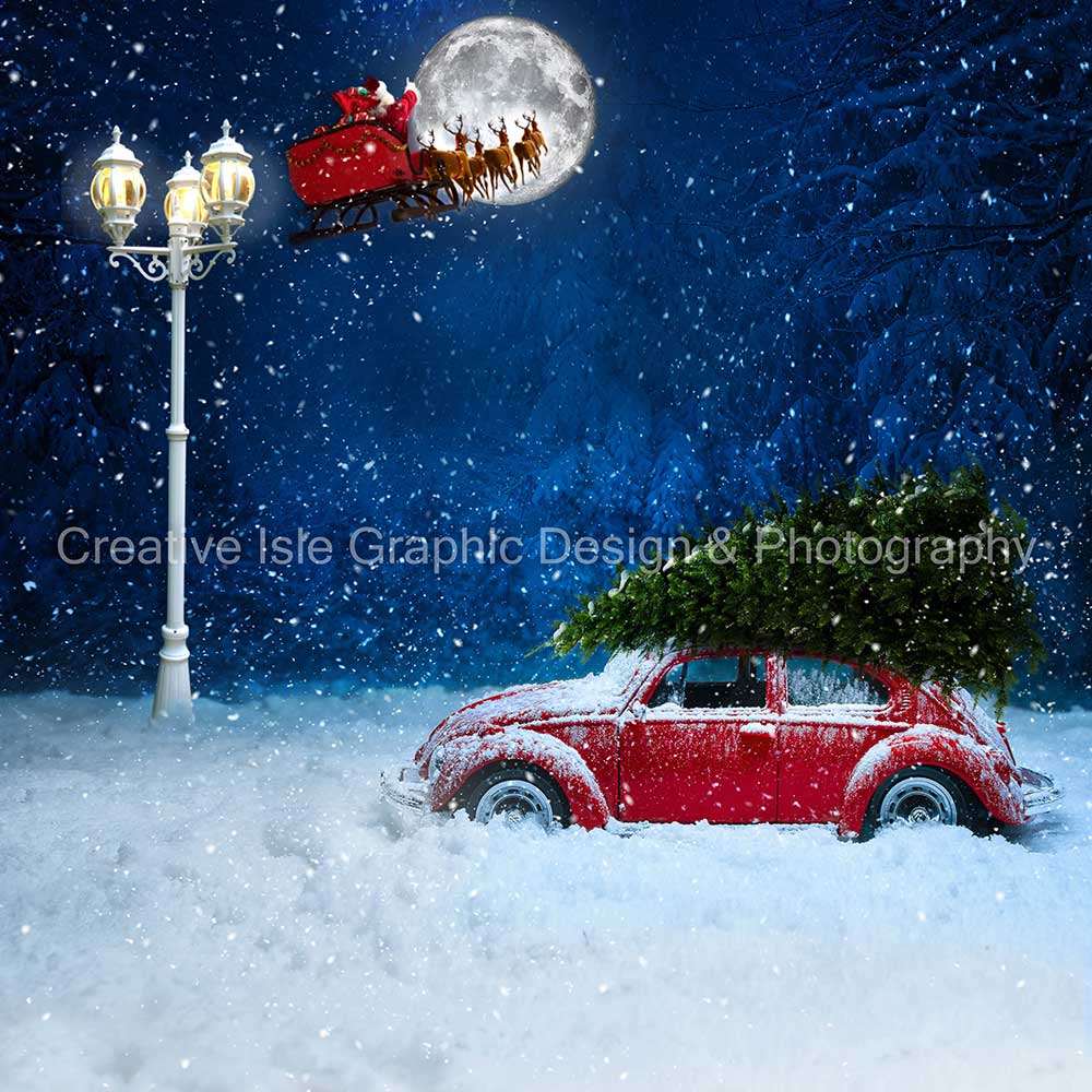 Kate Voiture Noël Neige Hiver Lampadaire Toile de fond conçue par Chrissie Green - Kate Backdrop FR