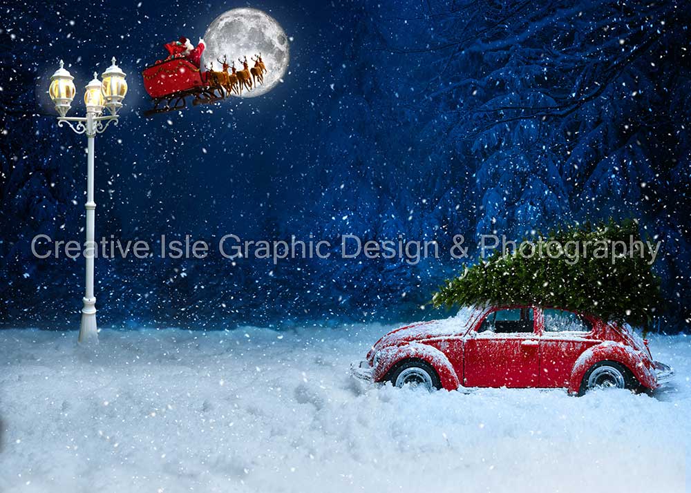 Kate Voiture Noël Neige Hiver Lampadaire Toile de fond conçue par Chrissie Green - Kate Backdrop FR