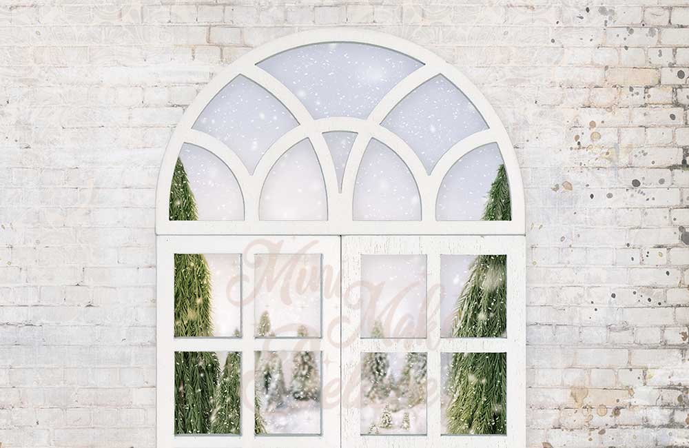 Kate Noël Hiver Fenêtre Pins Chute de Neige Toile de fond conçue par Mini MakeBelieve