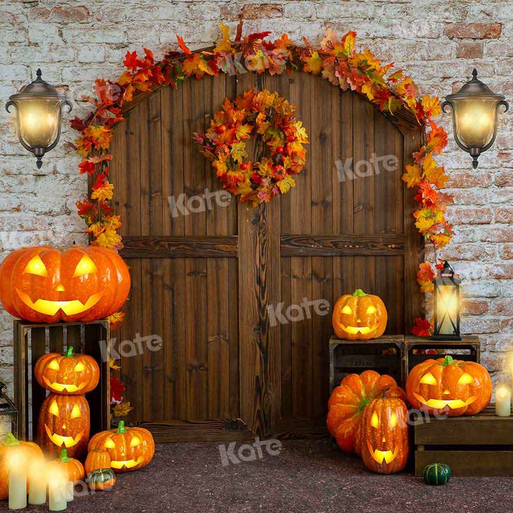 Kate Porte de grange Halloween Feuilles Citrouille Toile de fond conçue par Emetselch - Kate Backdrop FR
