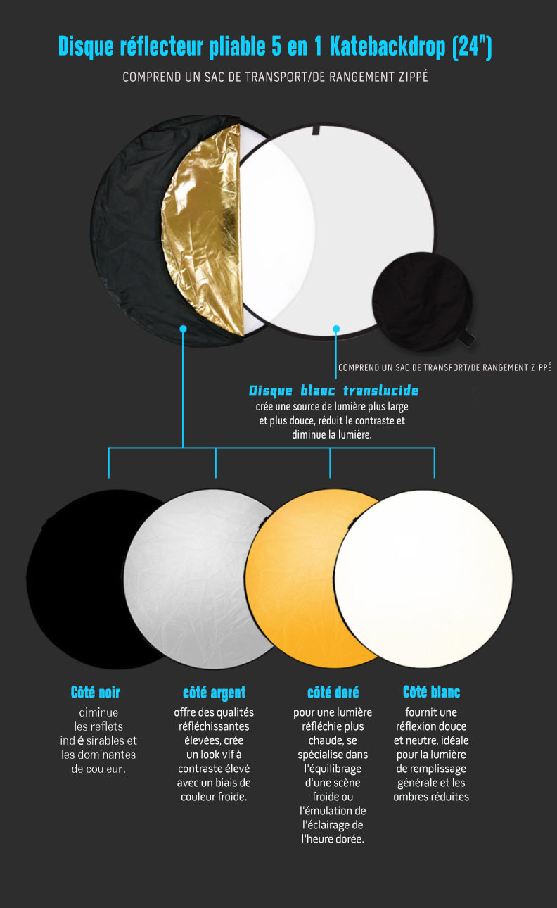 Réflecteur de photographie rond 5-en-1 pour disque multi-photos Studio 24 "60 cm (or et argent et blanc et noir et blanc doux)