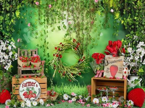 Kate Été Ferme de Fraises Fleurs Blanc Feuilles Vert Toile de fond pour la photographie - Kate Backdrop FR