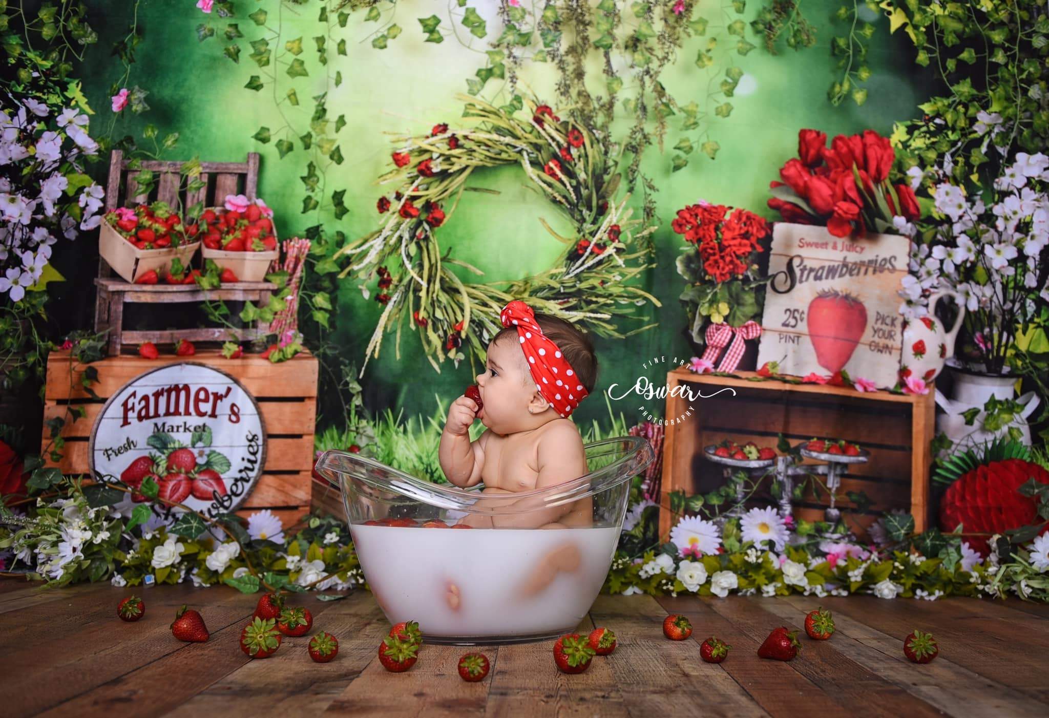 Kate Été Ferme de Fraises Fleurs Blanc Feuilles Vert Toile de fond pour la photographie - Kate Backdrop FR
