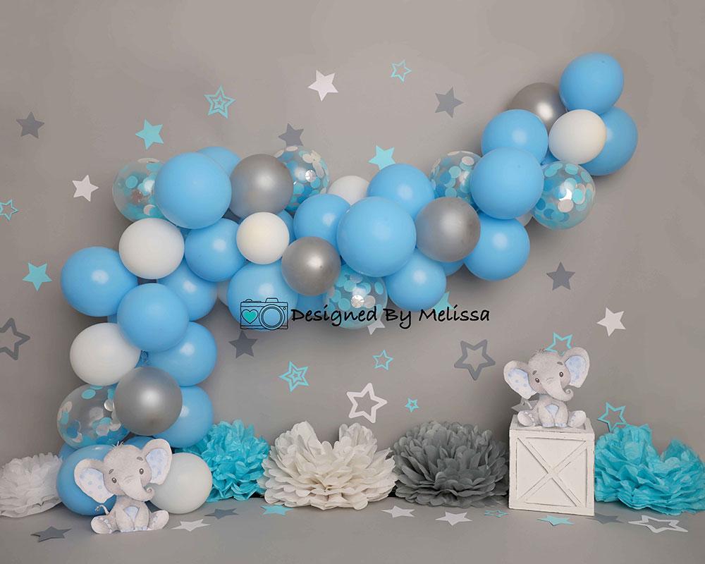 Kate Mur gris Éléphant Cake smash Ballon Bleu Toile de fond conçu par Melissa King - Kate Backdrop FR