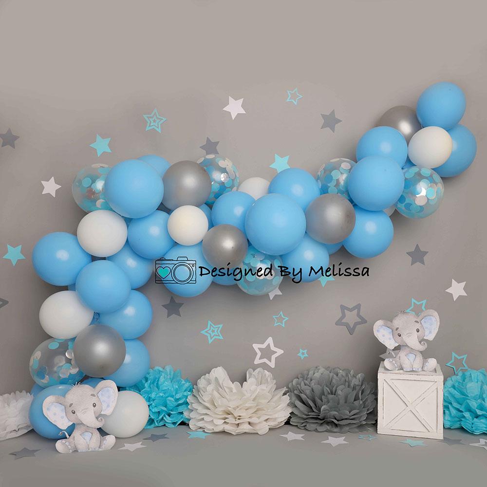 Kate Mur gris Éléphant Cake smash Ballon Bleu Toile de fond conçu par Melissa King - Kate Backdrop FR
