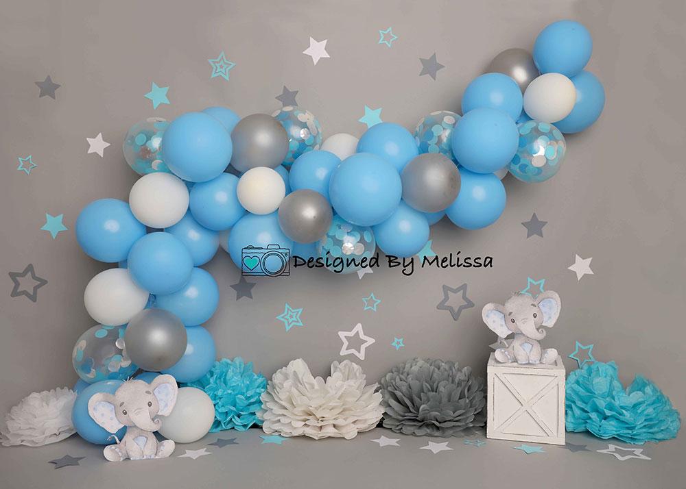 Kate Mur gris Éléphant Cake smash Ballon Bleu Toile de fond conçu par Melissa King - Kate Backdrop FR