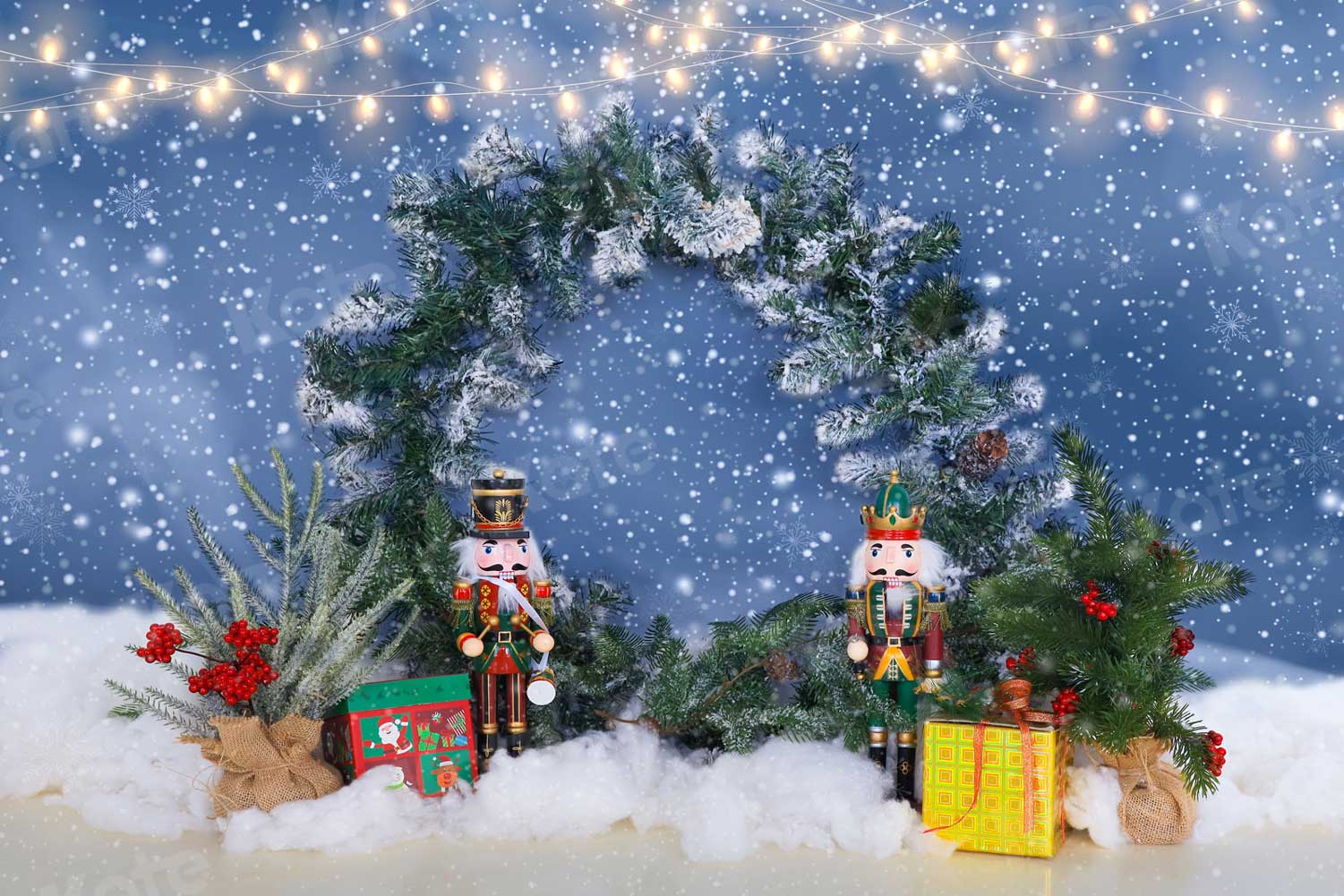 Kate Noël hiver toile de fond neige guirlande soldats jouets pour la photographie