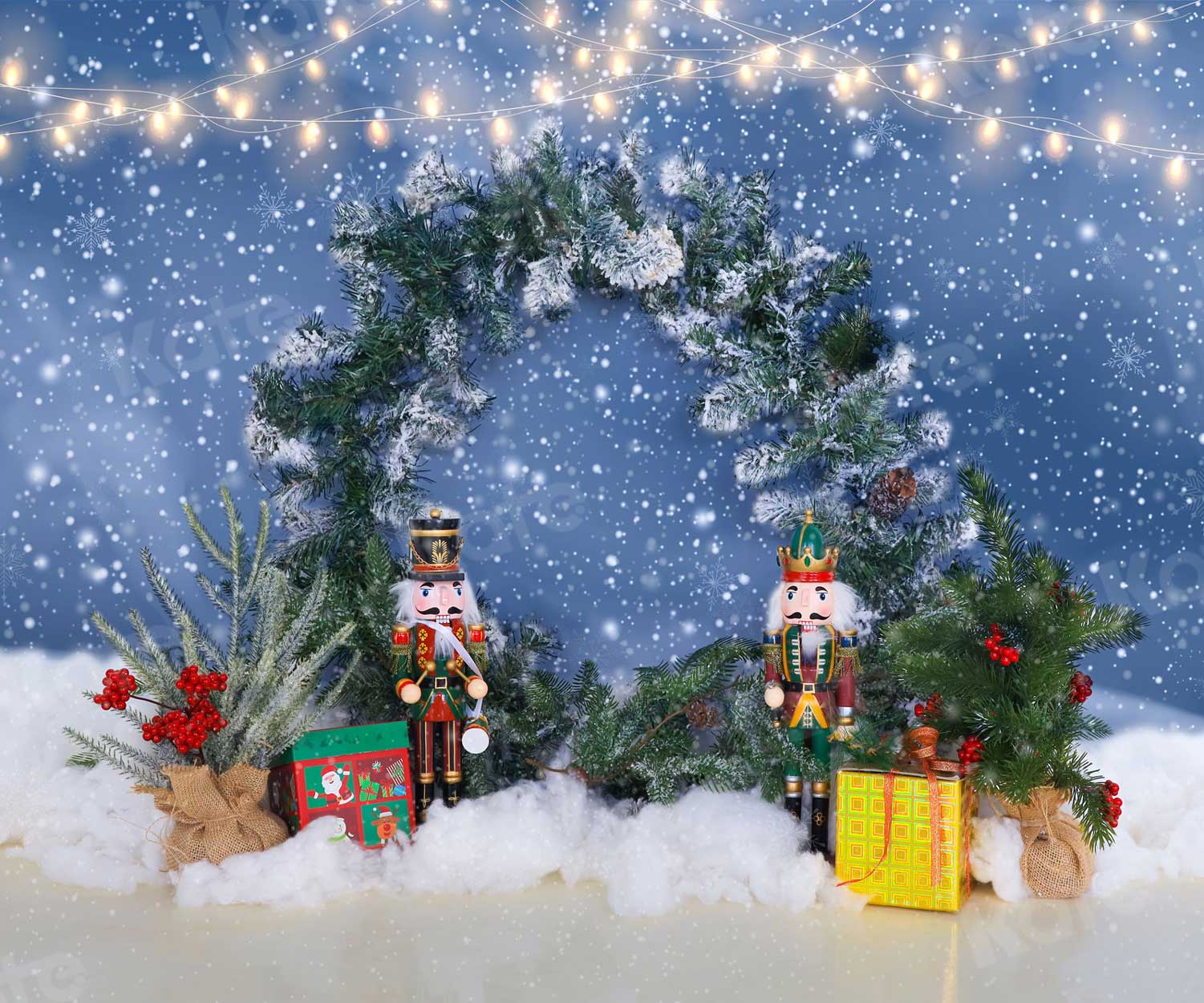 Kate Noël hiver toile de fond neige guirlande soldats jouets pour la photographie