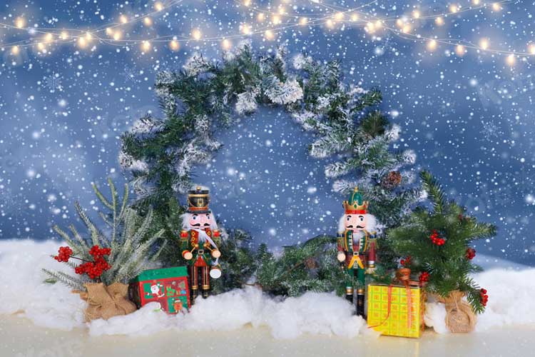 Kate Noël hiver toile de fond neige guirlande soldats jouets pour la photographie