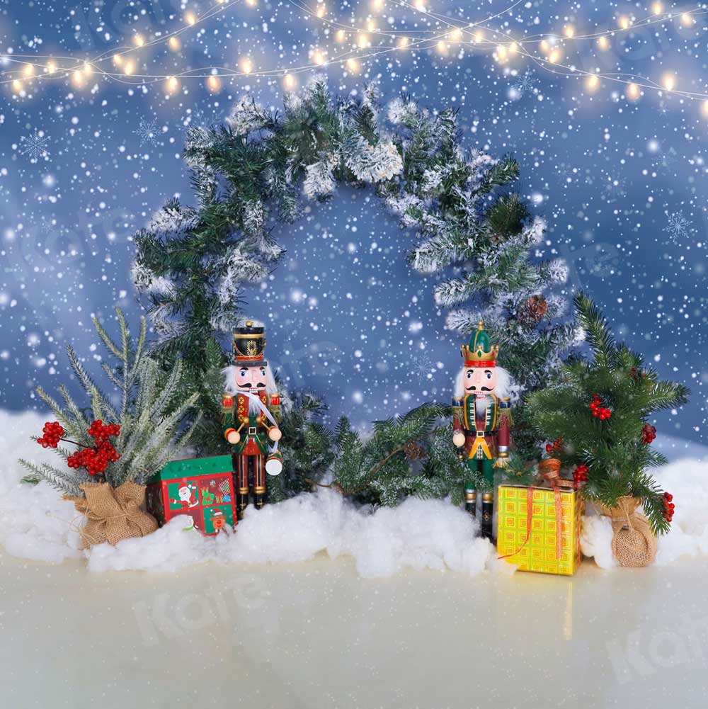 Kate Noël hiver toile de fond neige guirlande soldats jouets pour la photographie