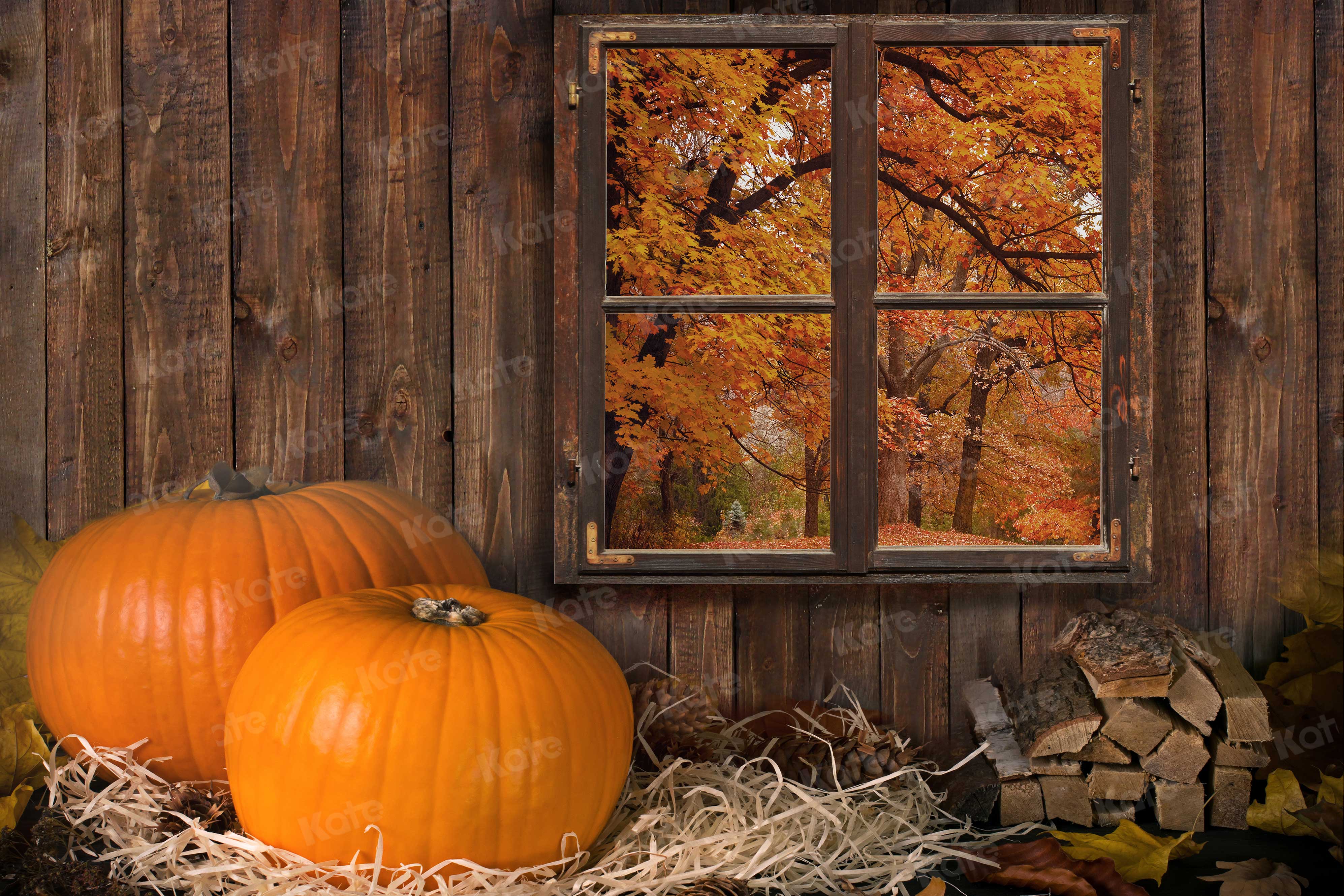 Kate Automne Halloween Ferme Citrouilles Bois Toile de fond pour la photographie - Kate Backdrop FR