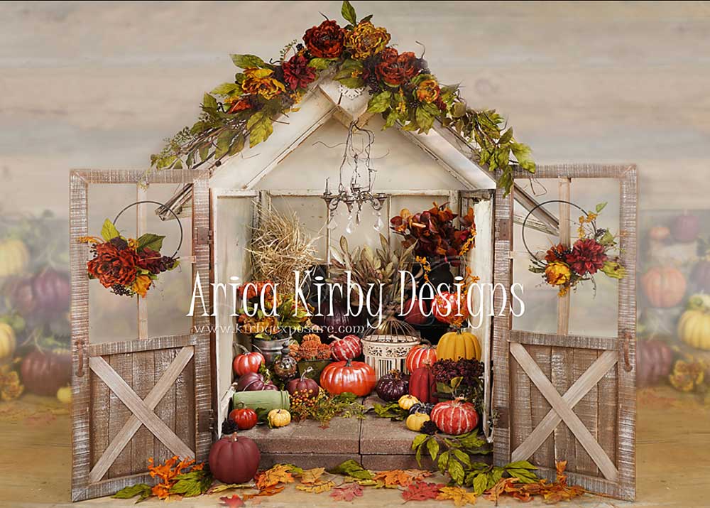 Kate Mini serre de citrouille d'Halloween en toile de fond d'automne conçue par Arica Kirby