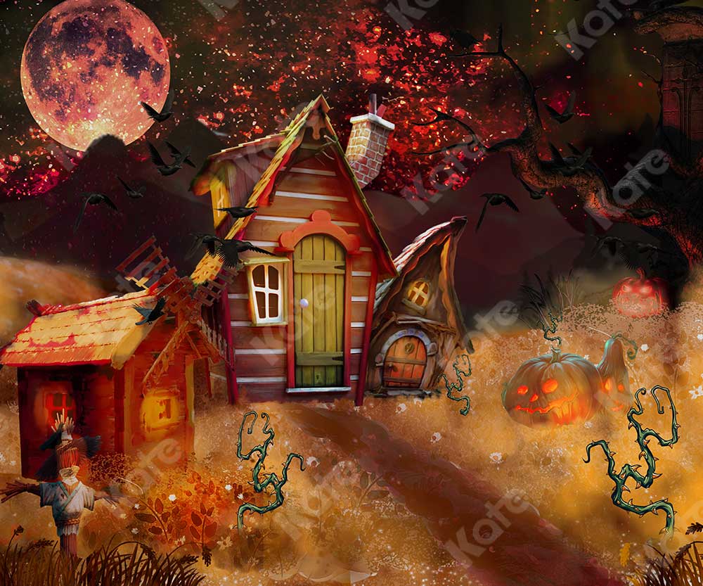 Kate Halloween Citrouille Nuit Automne Maison Toile de fond pour la photographie - Kate Backdrop FR