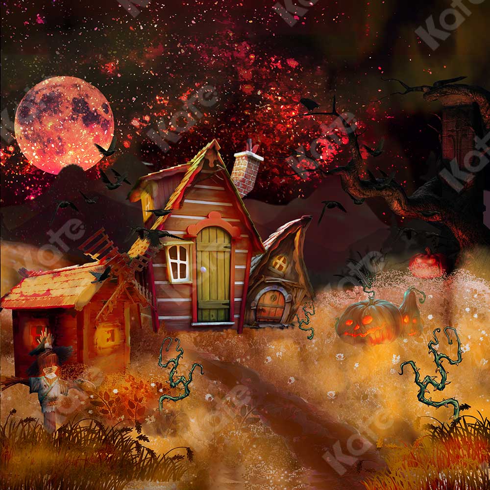 Kate Halloween Citrouille Nuit Automne Maison Toile de fond pour la photographie - Kate Backdrop FR