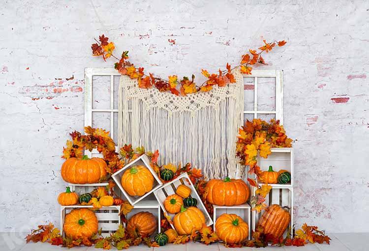 Kate Citrouille Automne Mur de brique Blanc Toile de fond conçue par Emetselch - Kate Backdrop FR