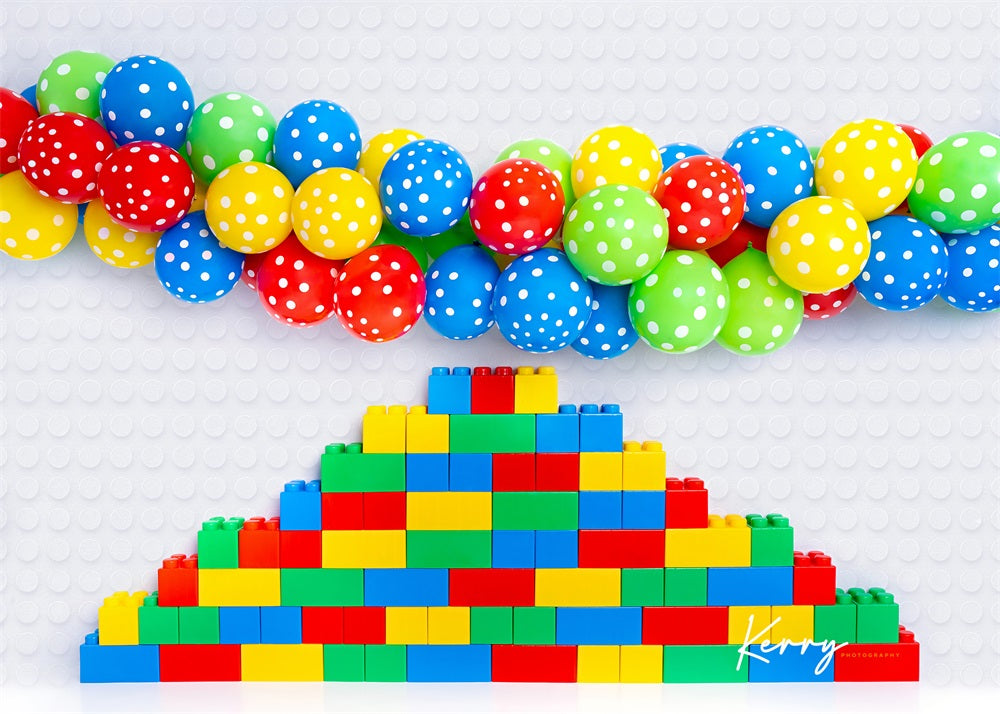 Kate Ballons Lego Coloré Anniversaire Enfant Toile de fond conçue par Kerry Anderson - Kate Backdrop FR