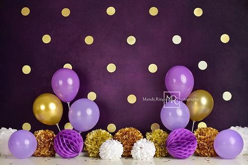 Kate Anniversaire Ballons Pois Violet & Doré Toile de fond conçue par Mandy Ringe